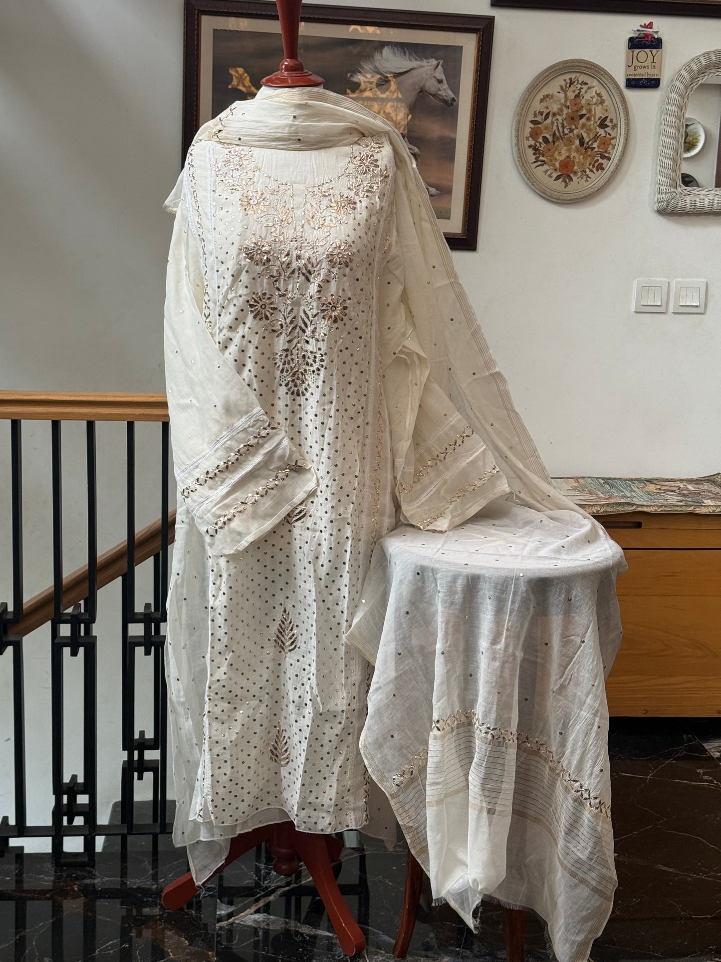 Mul chanderi kurta set mukesh work
