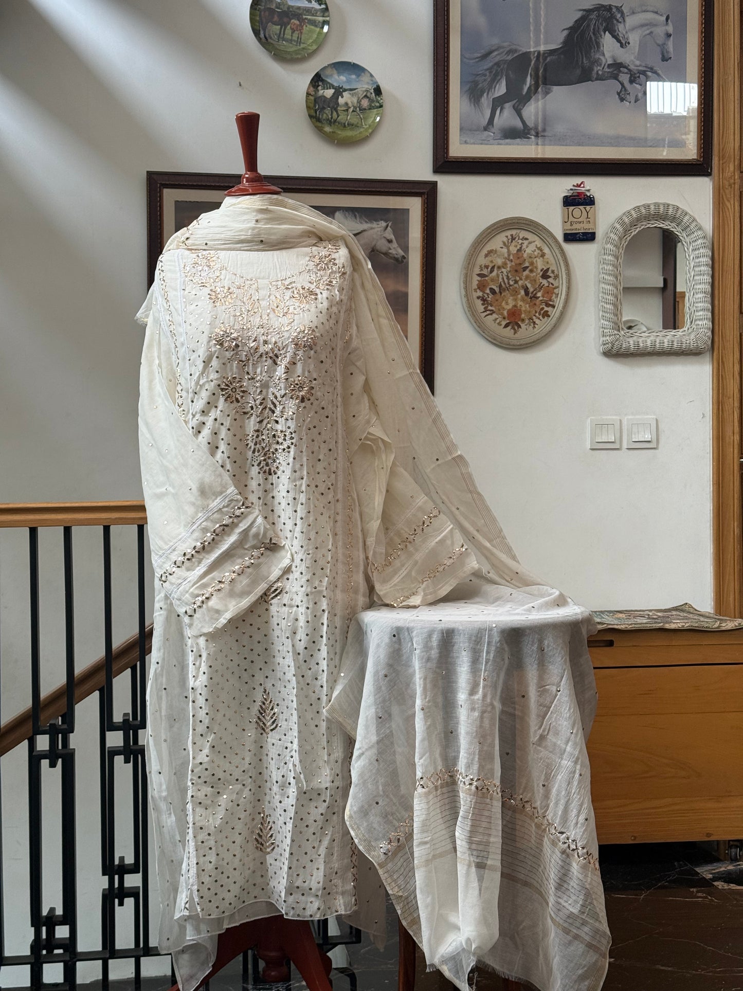 Mul chanderi kurta set mukesh work