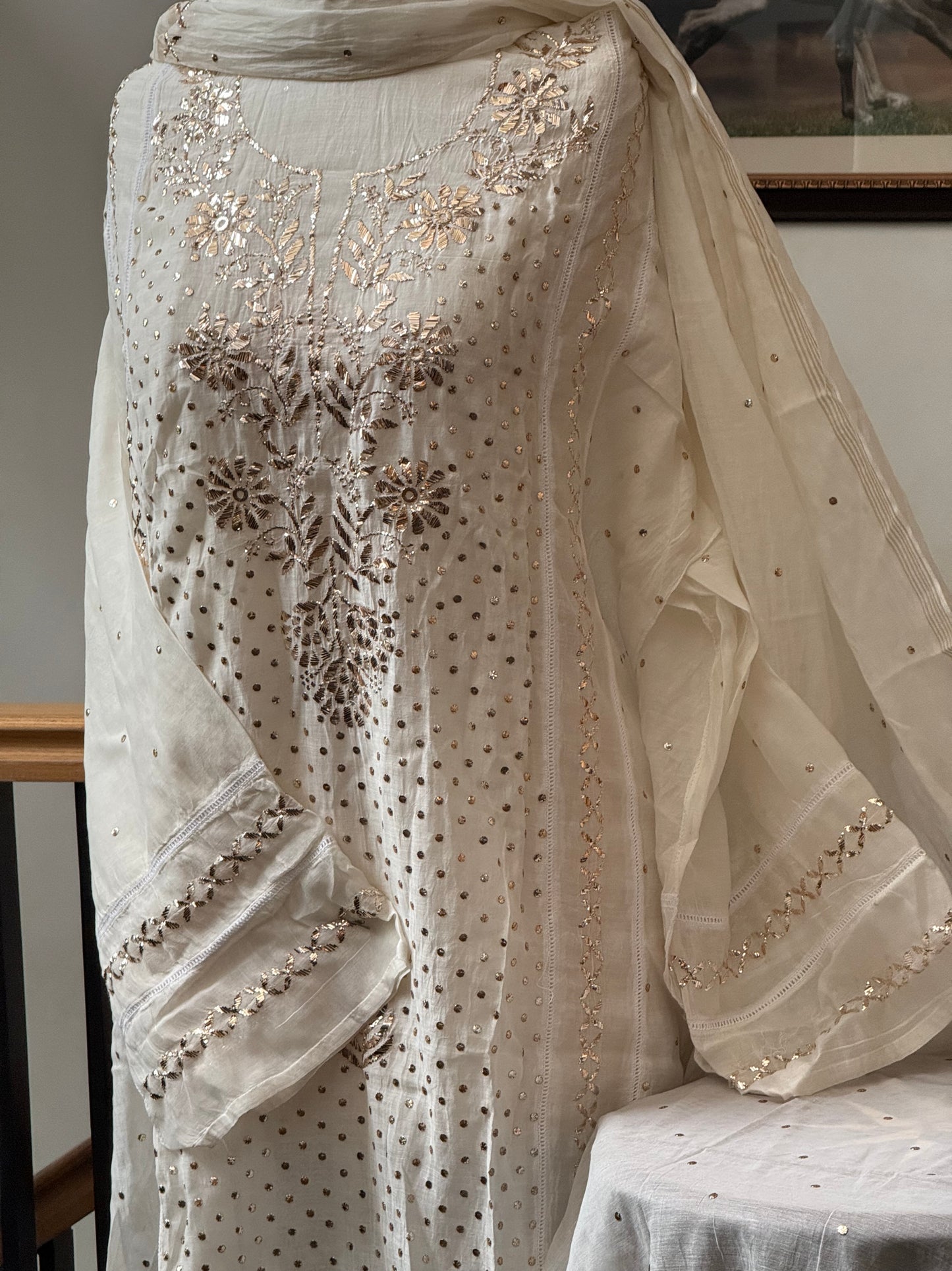 Mul chanderi kurta set mukesh work